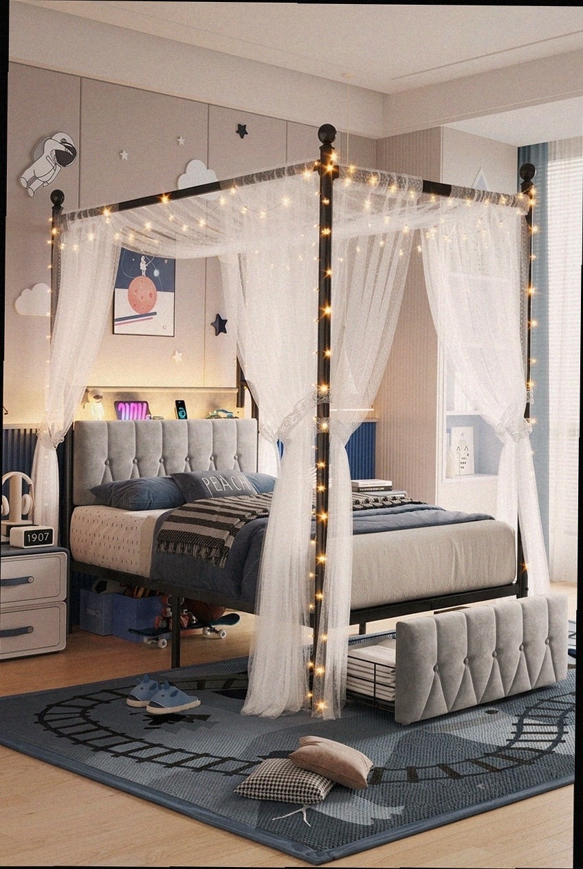 The Art of Layered Elegance: Styling a Velvet Canopy Bed with Storage Drawers
