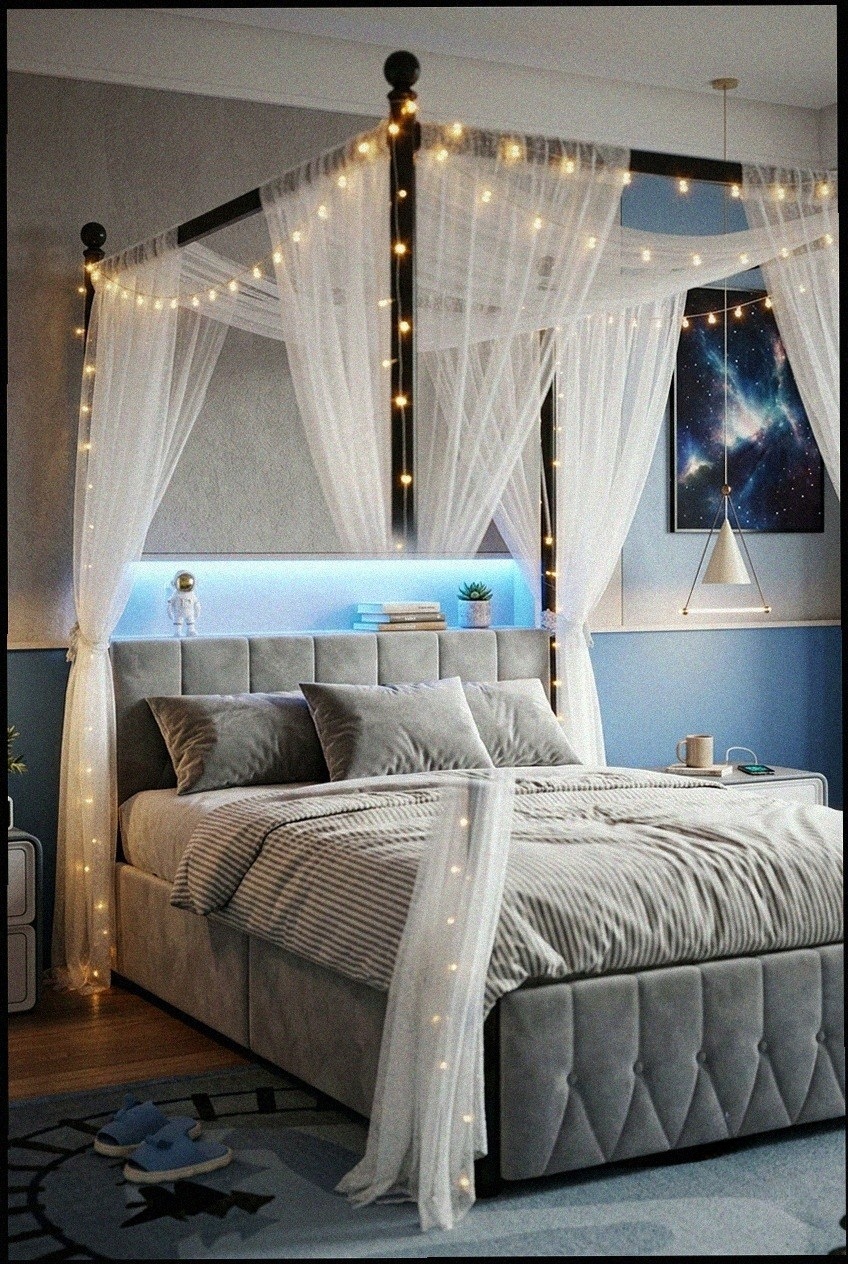 The Art of Layered Elegance: Styling a Velvet Canopy Bed with Storage Drawers