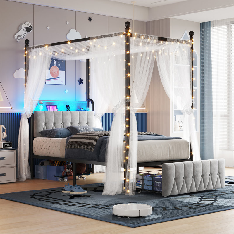 The Art of Layered Elegance: Styling a Velvet Canopy Bed with Storage Drawers