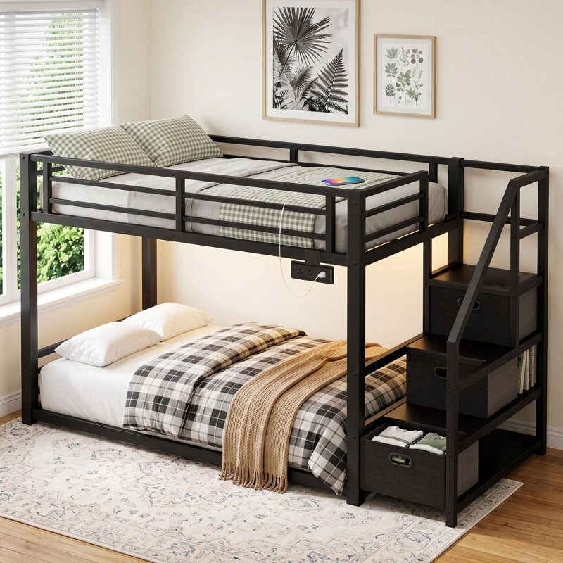 Latitude Run Twin Over Twin Bunk Bed With Storage Stairs Metal Bunk Bed Frame With Led Light And Charging Station W121169159